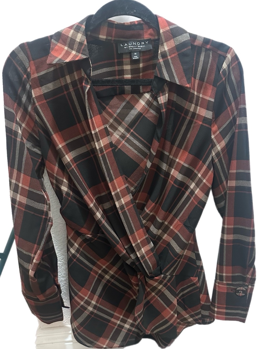 Laundry By Shelli Segal Black and Red Plaid Draped Blazer